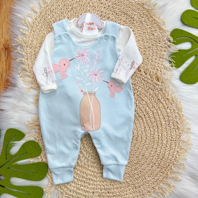 Conj. Body Manga Longa e Jardineira Suedine - Passarinhos - Azul Bebê e Off White
